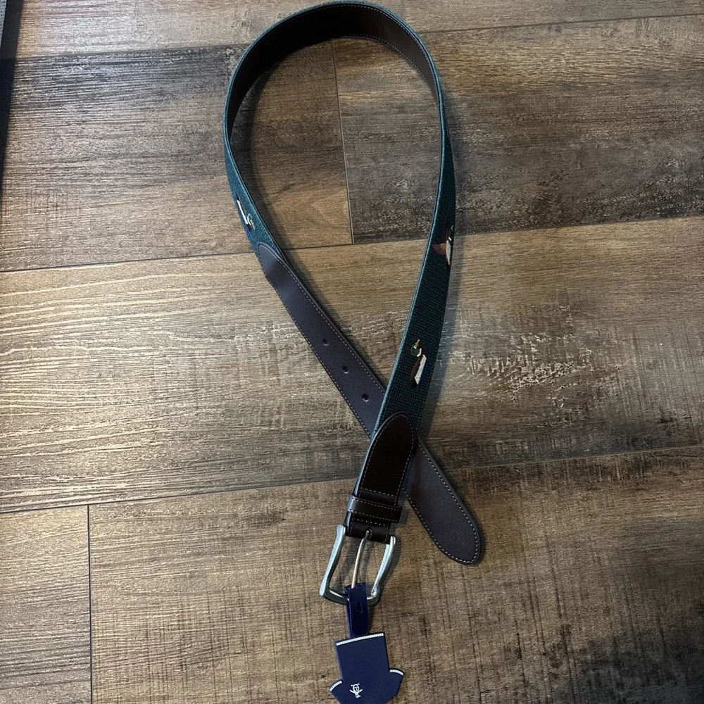 Penguin Men's Belt Size MEDIUM 32 GREEN BROWN DUCKS EMBROIDERED Woven NWT